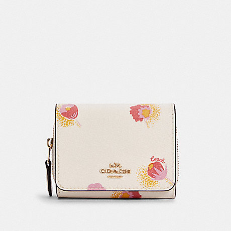 COACH Small Trifold Wallet With Pop Floral Print - GOLD/CHALK MULTI - C6041