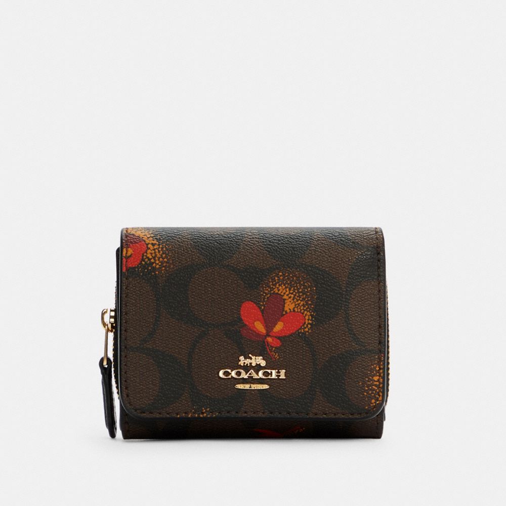 Small Trifold Wallet In Signature Canvas With Pop Floral Print - GOLD/BROWN BLACK MULTI - COACH C6042