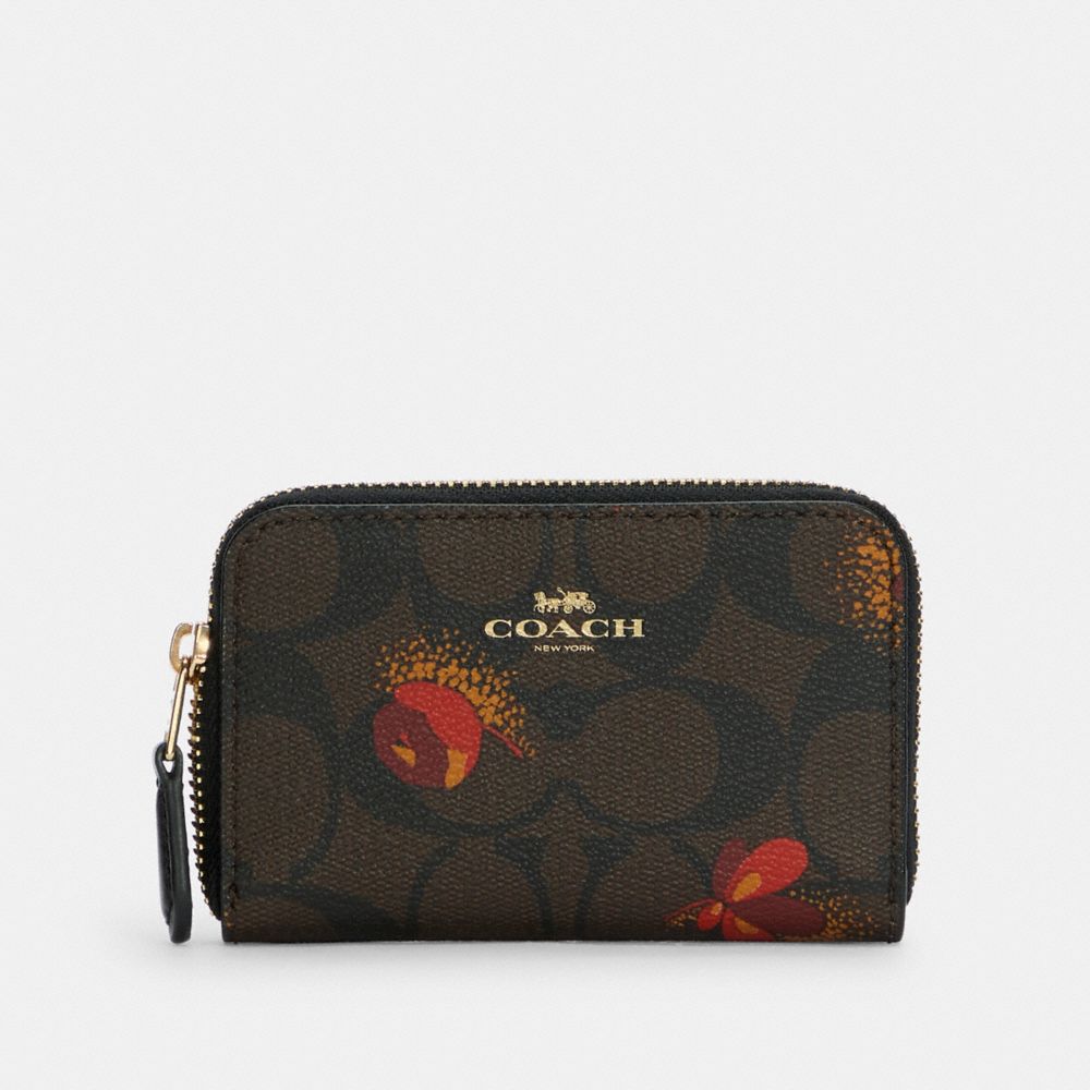 Zip Around Coin Case In Signature Canvas With Pop Floral Print - C6043 - GOLD/BROWN BLACK MULTI