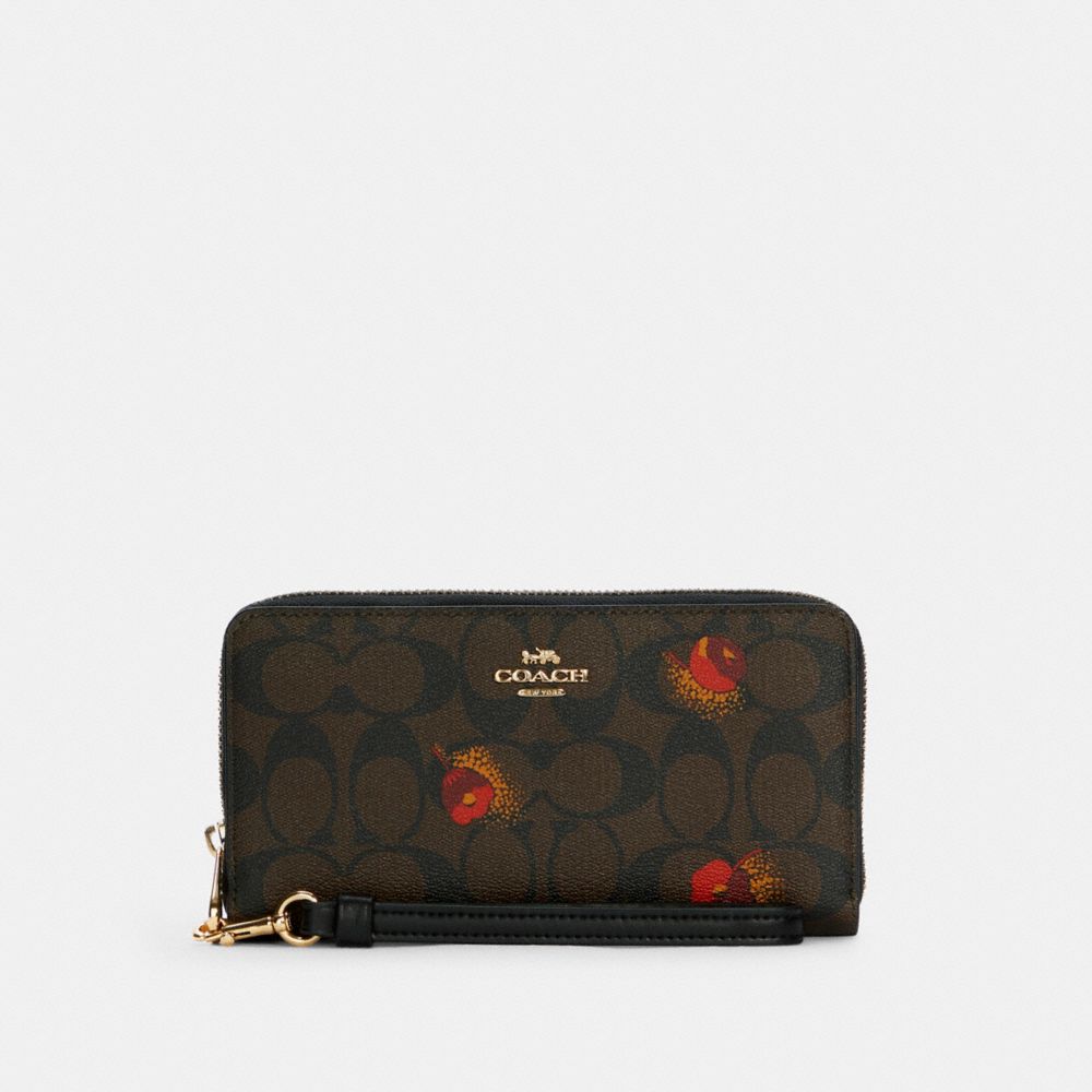 Long Zip Around Wallet In Signature Canvas With Pop Floral Print - C6047 - GOLD/BROWN BLACK MULTI