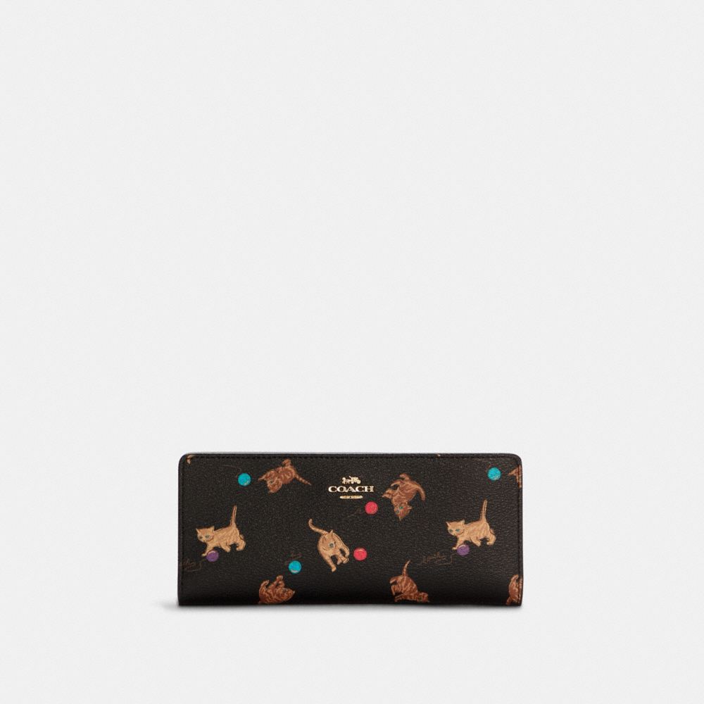 COACH C6061 - Slim Wallet With Cat Print GOLD/BROWN BLACK MULTI