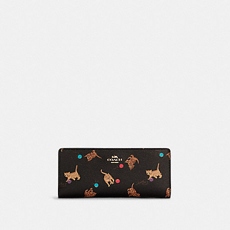 COACH C6061 Slim Wallet With Cat Print GOLD/BROWN BLACK MULTI