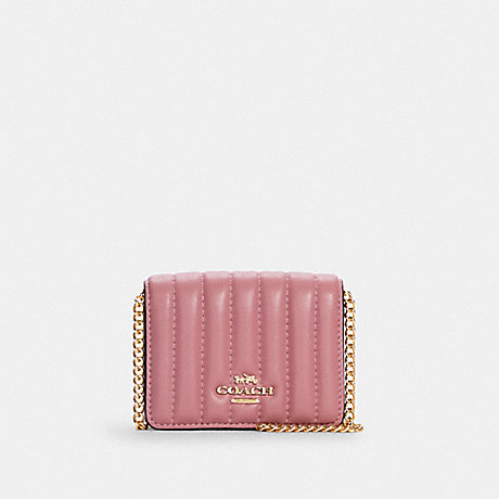 COACH C6091 Mini Wallet On A Chain With Linear Quilting GOLD/TRUE-PINK