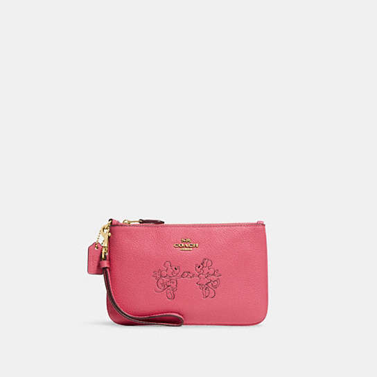 C6124 - Disney X Coach Small Wristlet With Mickey Mouse And Minnie Mouse Brass/WATERMELON