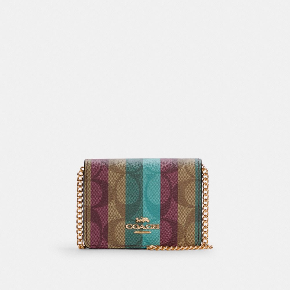 Mini Wallet On A Chain In Signature Canvas With Stripe Print - C6127 - GOLD/KHAKI MULTI