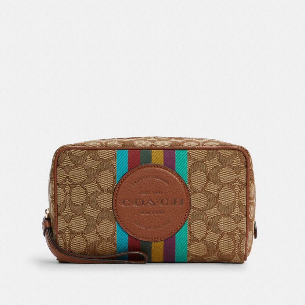 Dempsey Boxy Cosmetic Case 20 In Signature Jacquard With Stripe And Coach Patch - GOLD/KHAKI MULTI - COACH C6139