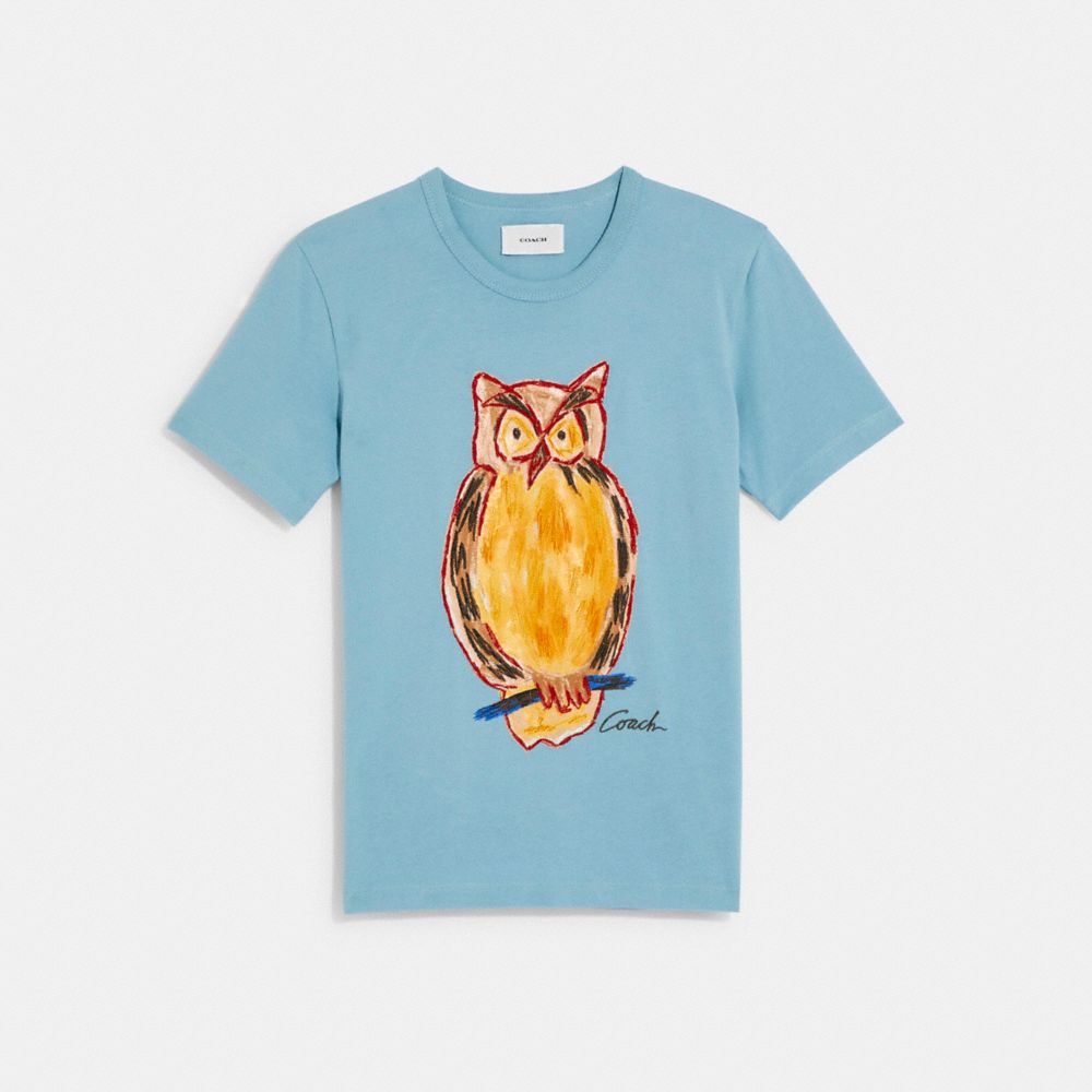 COACH C6156 Painted Owl T Shirt In Organic Cotton PALE BLUE