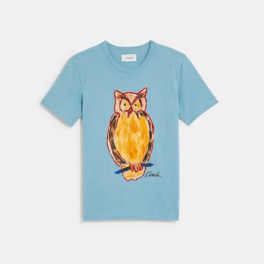 C6156 - Painted Owl T Shirt In Organic Cotton PALE BLUE