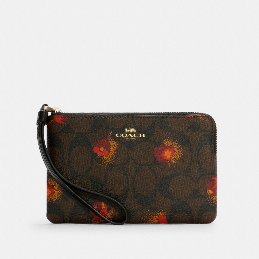 COACH C6417 - Corner Zip Wristlet In Signature Canvas With Pop Floral Print GOLD/BROWN BLACK MULTI