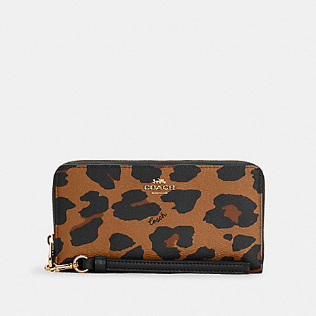 COACH Long Zip Around Wallet With Leopard Print - GOLD/BRIGHT POPPY - C6428