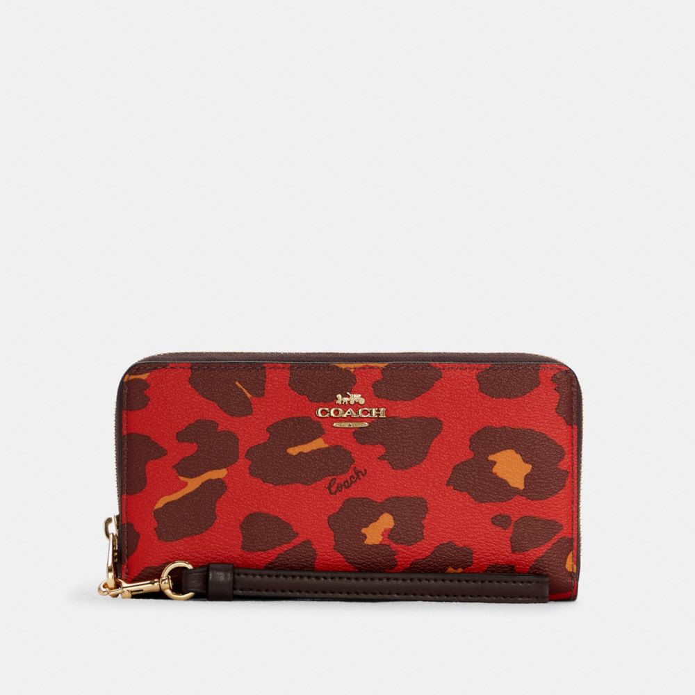Long Zip Around Wallet With Leopard Print - GOLD/BRIGHT POPPY - COACH C6428