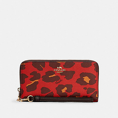 COACH Long Zip Around Wallet With Leopard Print - GOLD/BRIGHT POPPY - C6428