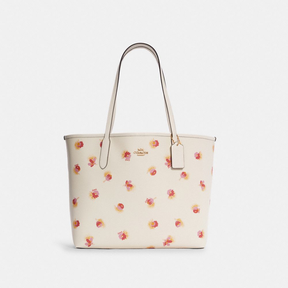 City Tote With Pop Floral Print - C6431 - GOLD/CHALK MULTI
