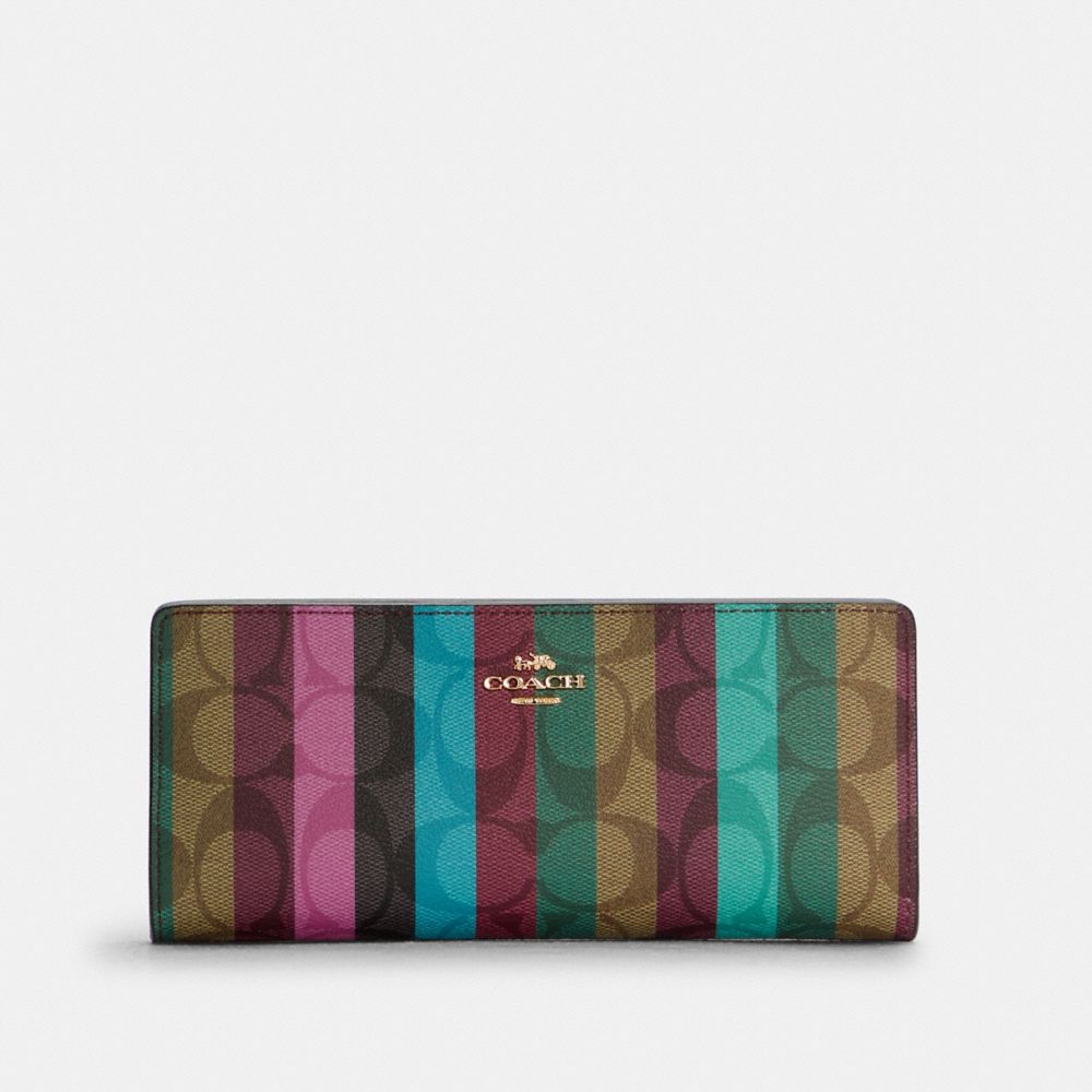 Slim Wallet In Signature Canvas With Stripe Print - C6436 - GOLD/KHAKI MULTI