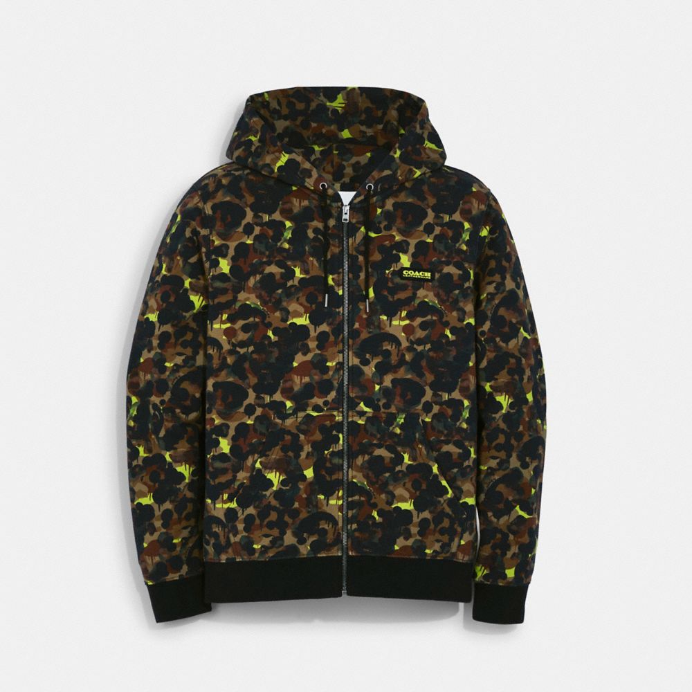 COACH C6449 Camo Print Full Zip Hoodie In Organic Cotton GREEN NEON YELLOW MULTI