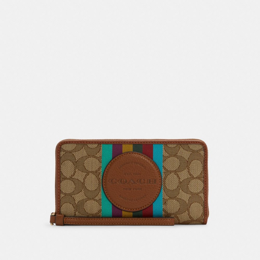 Dempsey Large Phone Wallet In Signature Jacquard With Stripe And Coach Patch - C6475 - GOLD/KHAKI MULTI