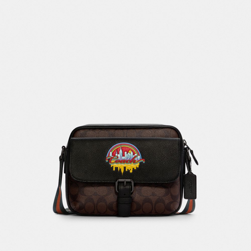 Hudson Crossbody In Signature Canvas With Souvenir Patches - C6636 - BLACK ANTIQUE/MIDNIGHT NAVY MULTI