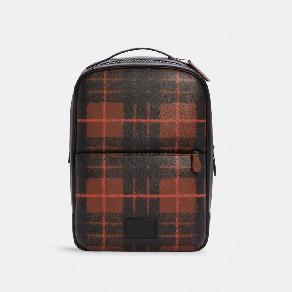 COACH C6690 Westway Backpack With Window Pane Plaid Print QB/BROWN ORANGE MULTI