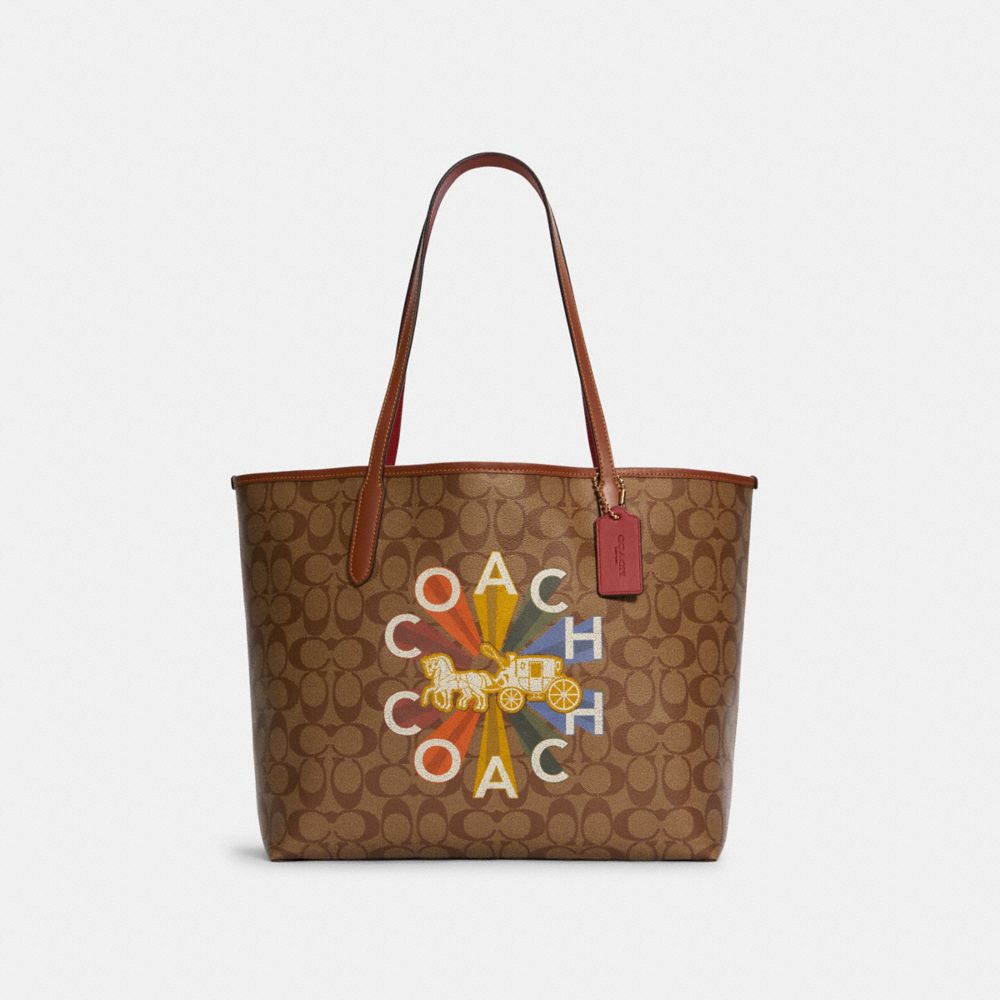 COACH City Tote In Signature Canvas With Coach Radial Rainbow - GOLD/KHAKI MULTI - C6813
