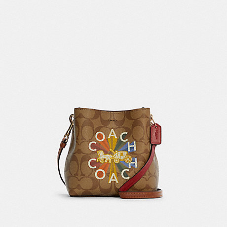 COACH Mini Town Bucket Bag In Signature Canvas With Coach Radial Rainbow - GOLD/KHAKI MULTI - C6835
