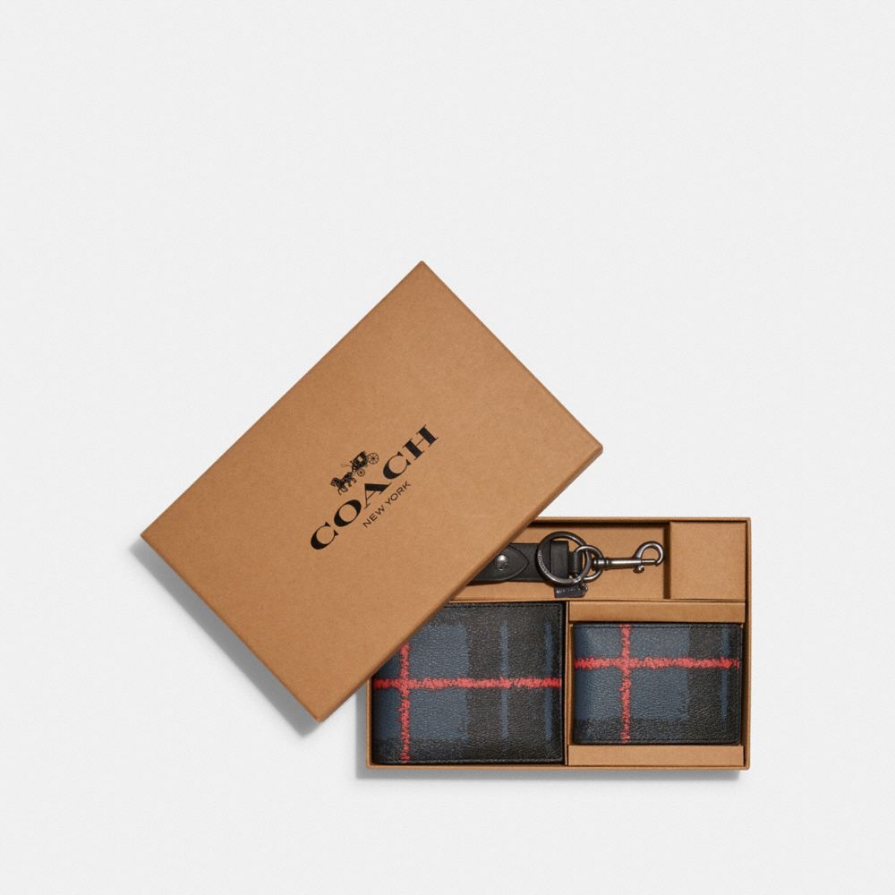 Boxed 3 In 1 Wallet Gift Set With Window Pane Plaid Print - C6836 - GUNMETAL/NAVY MULTI