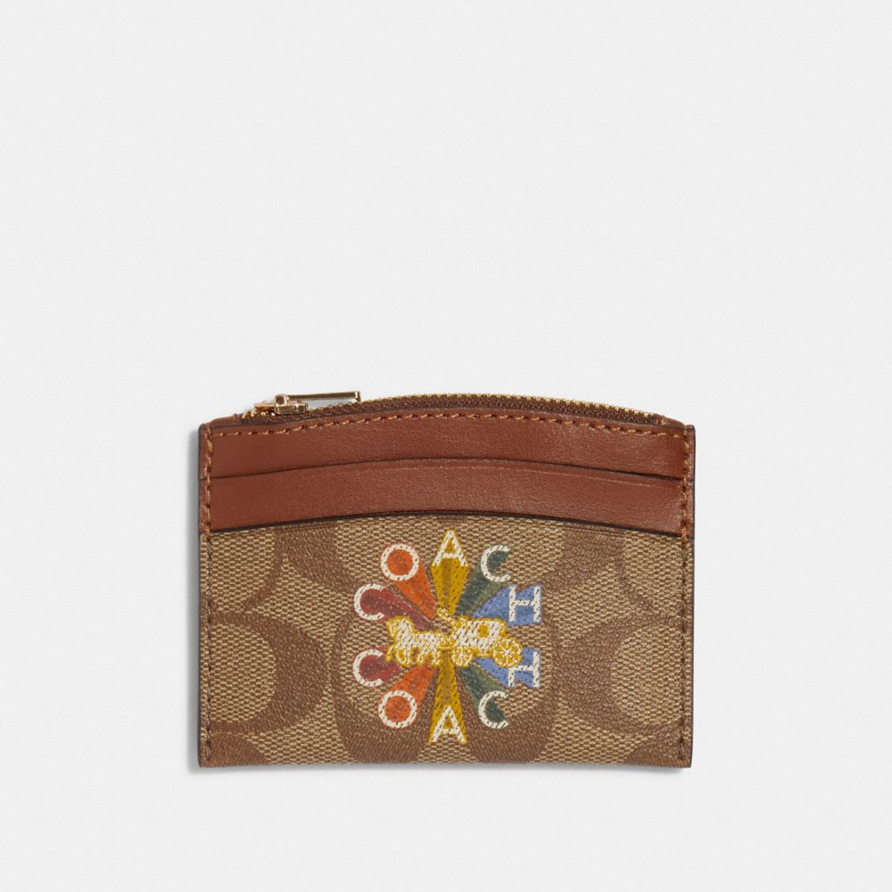 COACH C6901 - Shaped Card Case In Signature Canvas With Coach Radial Rainbow GOLD/KHAKI MULTI