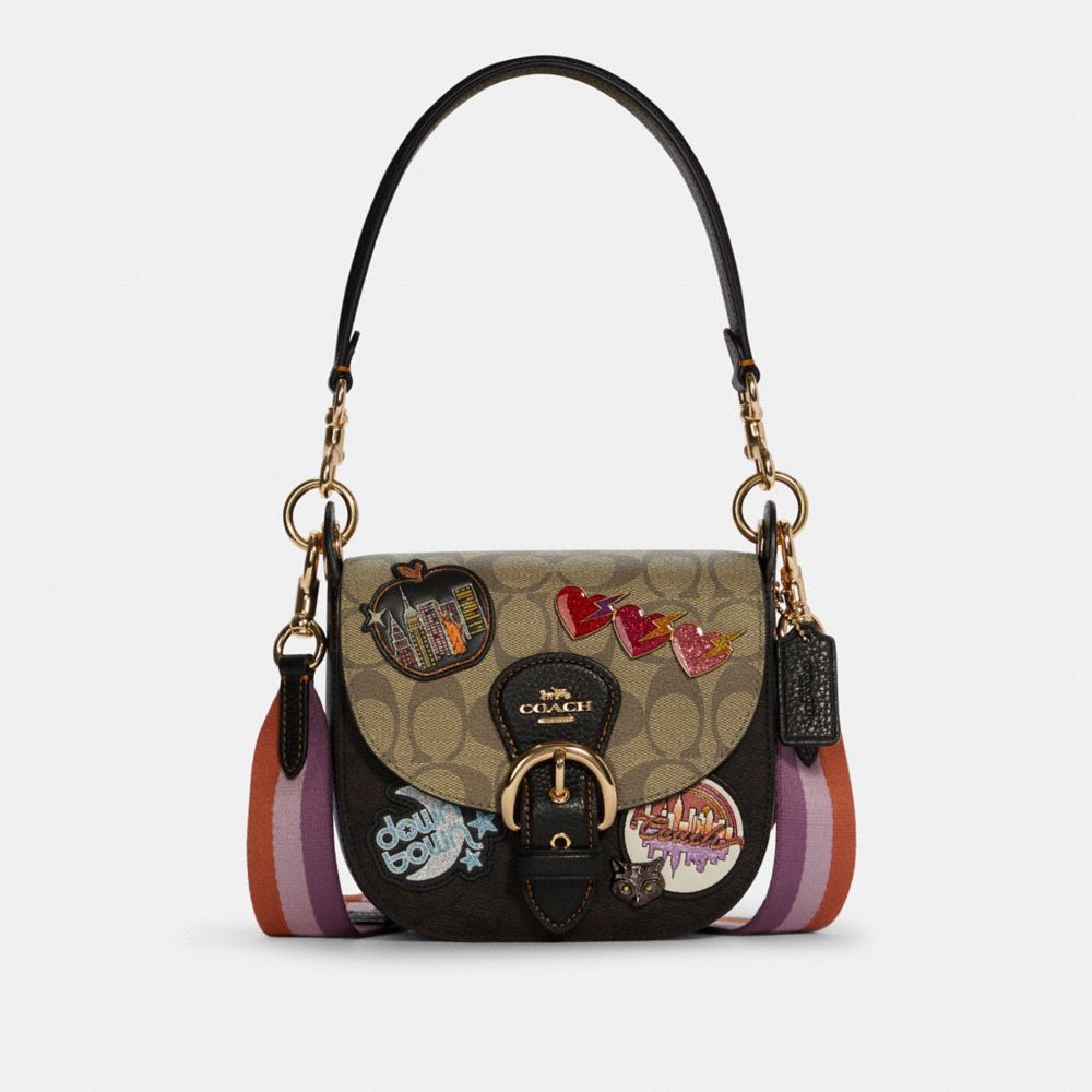 Kleo Shoulder Bag 17 In Colorblock Signature Canvas With Disco Patches - C6917 - GOLD/KHAKI BROWN MULTI