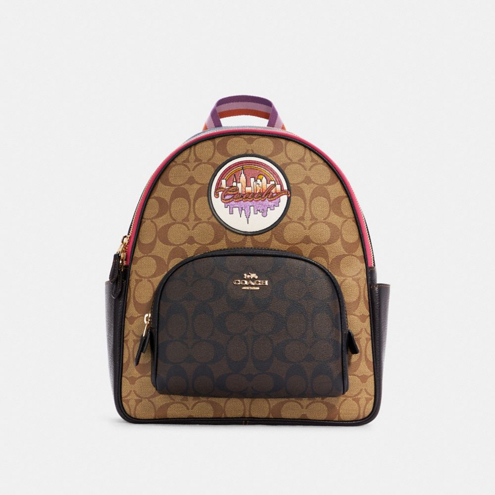 Court Backpack In Blocked Signature Canvas With Souvenir Patches - C6920 - GOLD/KHAKI BROWN MULTI