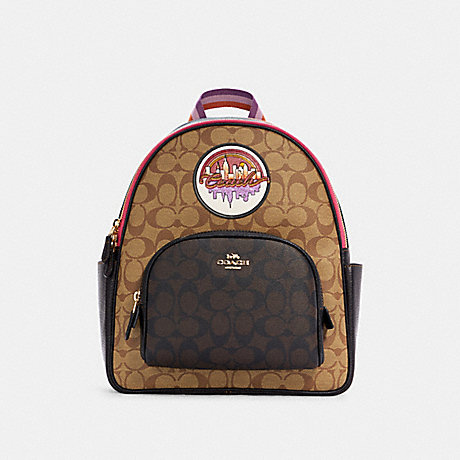 COACH Court Backpack In Blocked Signature Canvas With Souvenir Patches - GOLD/KHAKI BROWN MULTI - C6920
