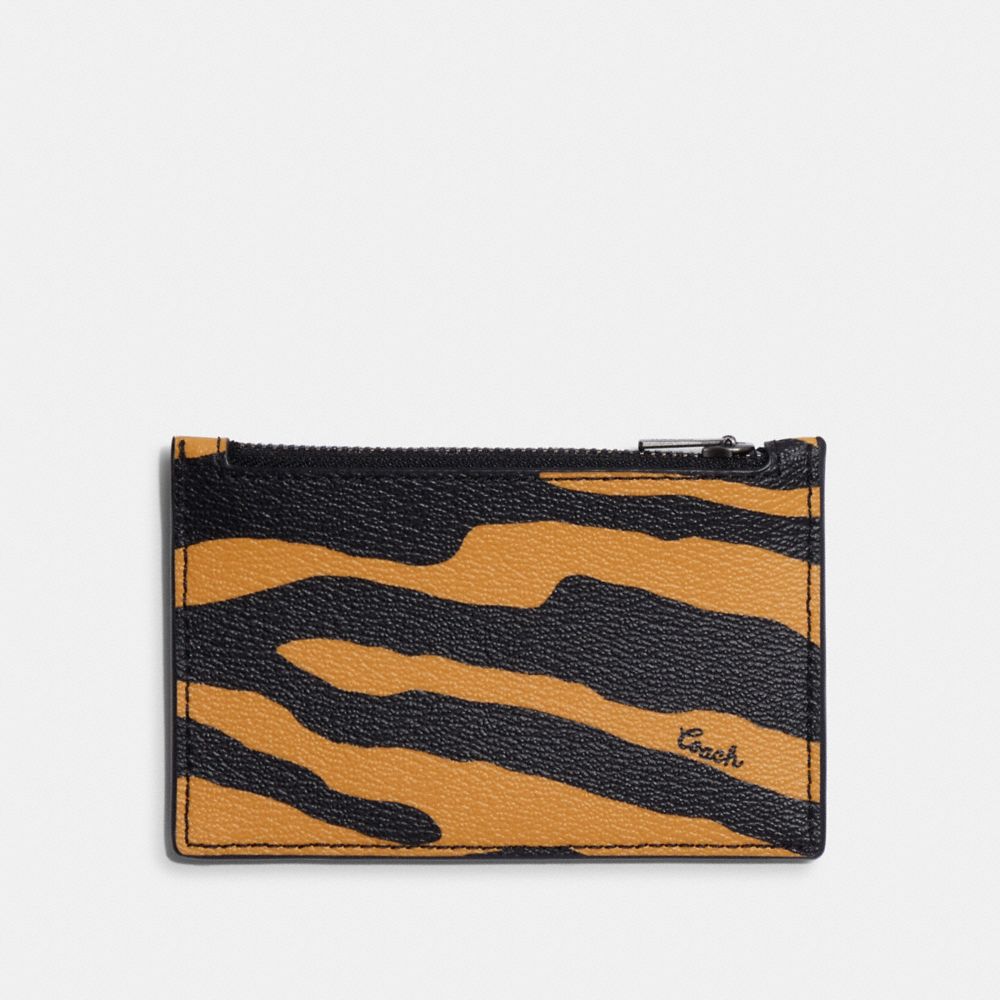 COACH Zip Card Case With Tiger Print - QB/HONEY/BLACK MULTI - C6935