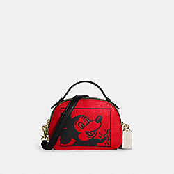 COACH C6977 Disney Mickey Mouse X Keith Haring Serena Satchel GOLD/ELECTRIC RED MULTI