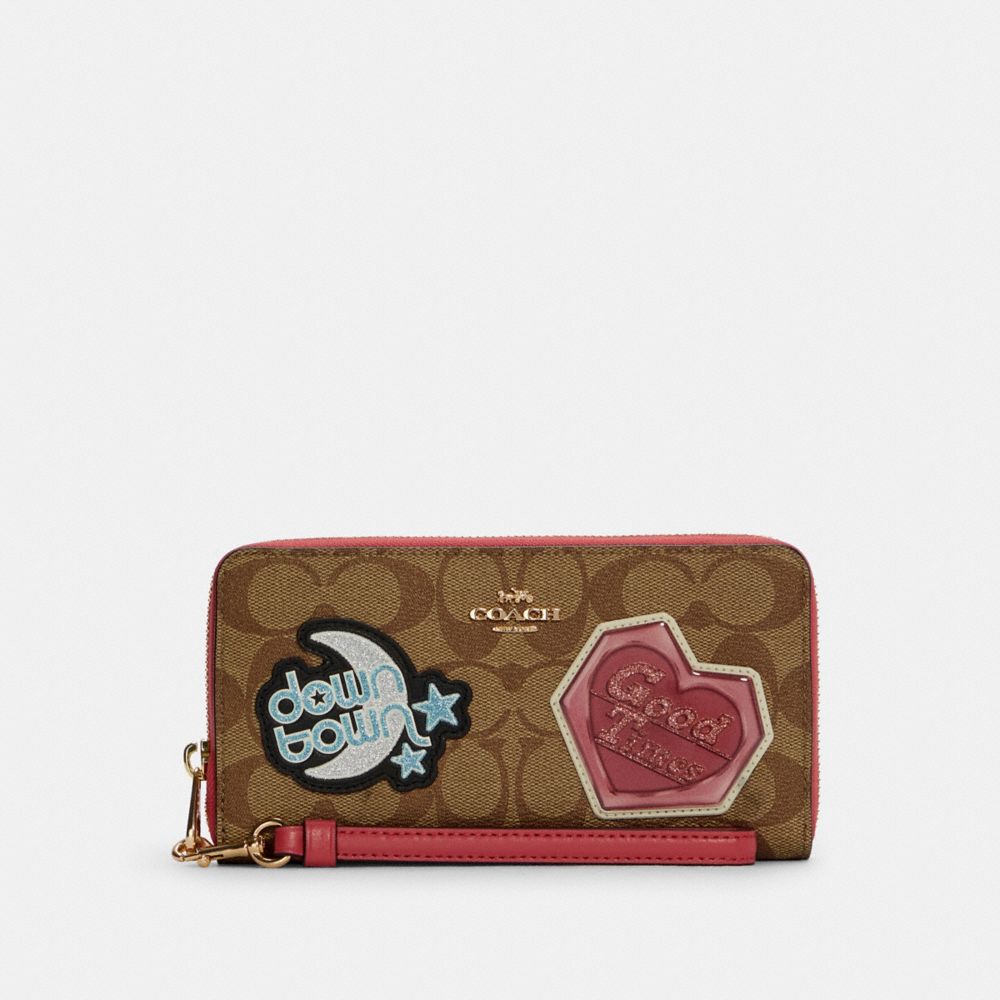 COACH Long Zip Around Wallet In Signature Canvas With Disco Patches - GOLD/KHAKI MULTI - C6995