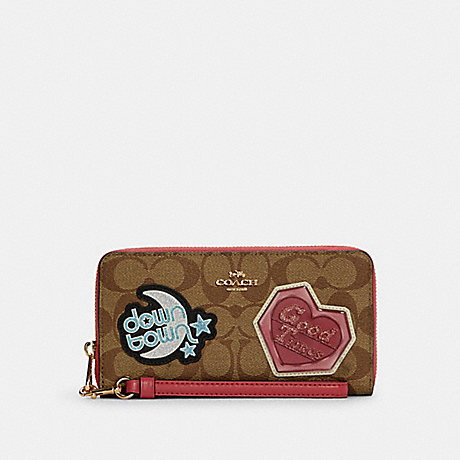 COACH Long Zip Around Wallet In Signature Canvas With Disco Patches - GOLD/KHAKI MULTI - C6995
