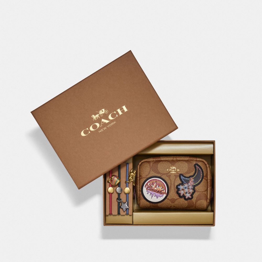 Boxed Mini Boxy Cosmetic Case And Hair Ties Set In Signature Canvas With Disco Patches - C6996 - GOLD/KHAKI MULTI