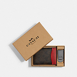 Boxed 3 In 1 Card Case Gift Set In Colorblock Signature Canvas - BLACK ANTIQUE/CHARCOAL/SPORT BLUE - COACH C7017