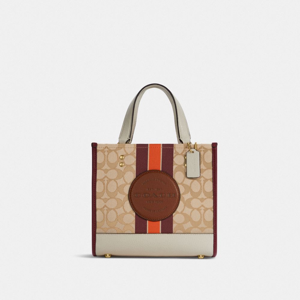 Dempsey Tote 22 In Signature Jacquard With Stripe And Coach Patch - C7083 - GOLD/LIGHT KHAKI/WINE MULTI