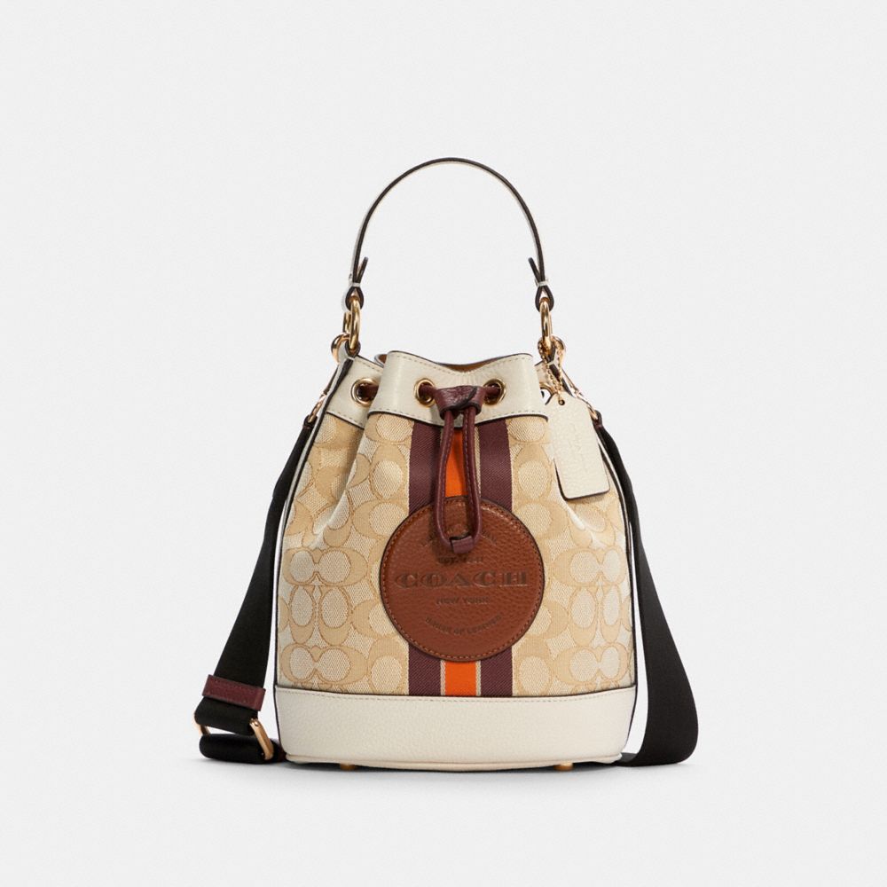 Dempsey Bucket Bag 19 In Signature Jacquard With Stripe And Coach Patch - C7084 - GOLD/LIGHT KHAKI/WINE MULTI