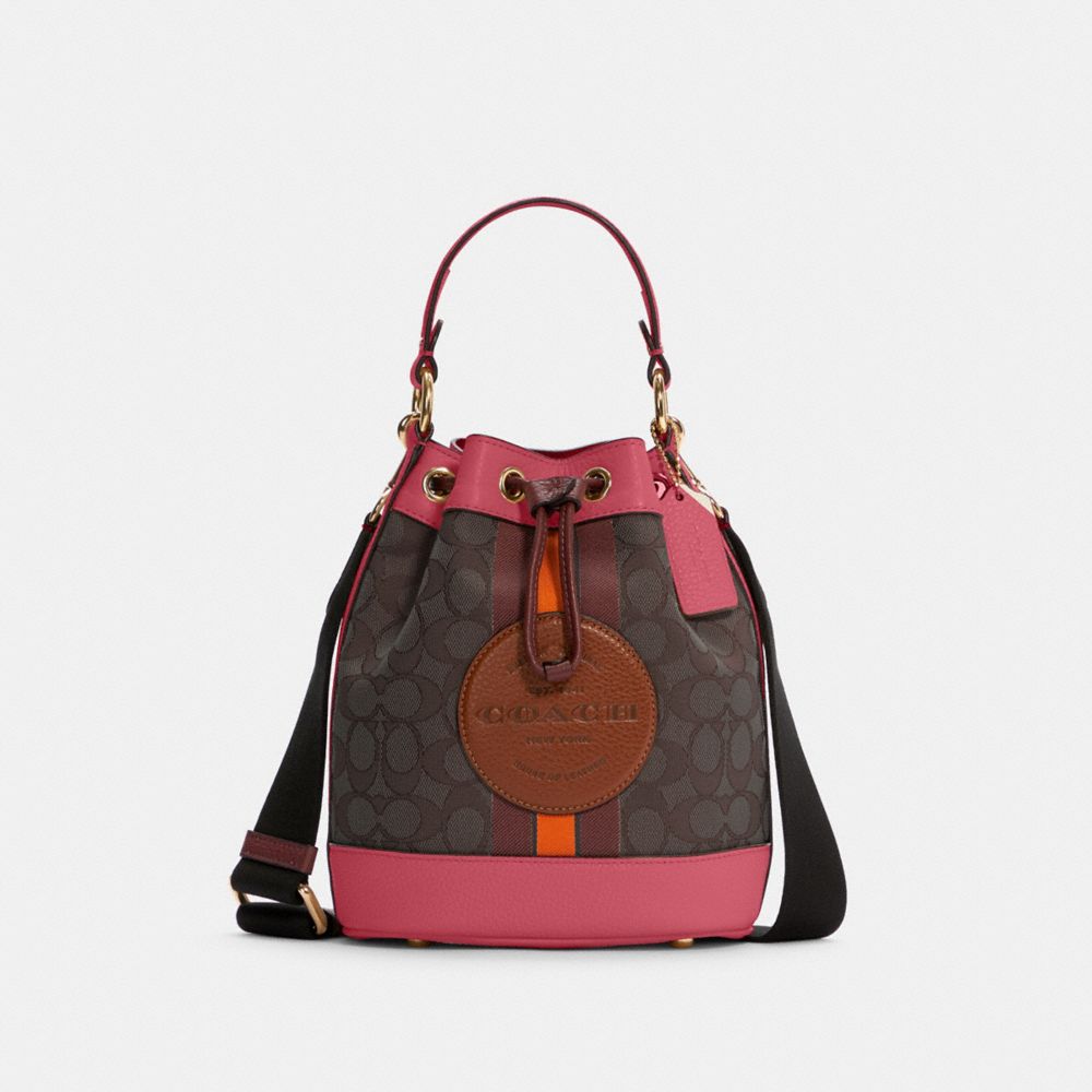 Dempsey Bucket Bag 19 In Signature Jacquard With Stripe And Coach Patch - C7084 - GOLD/BROWN STRAWBERRY HAZE
