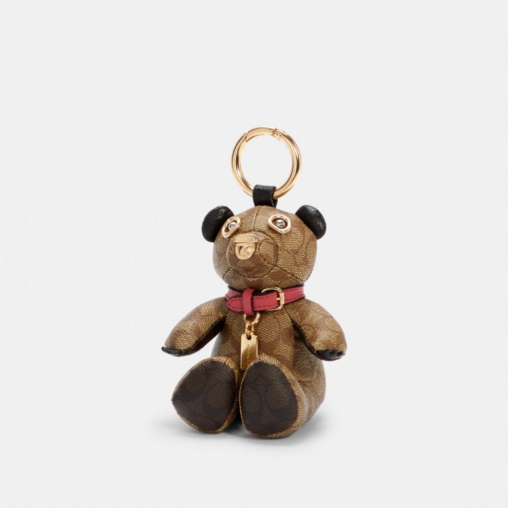 Bear Bag Charm In Blocked Signature Canvas - C7104 - GOLD/CHESTNUT/KHAKI/STRAWBERRY