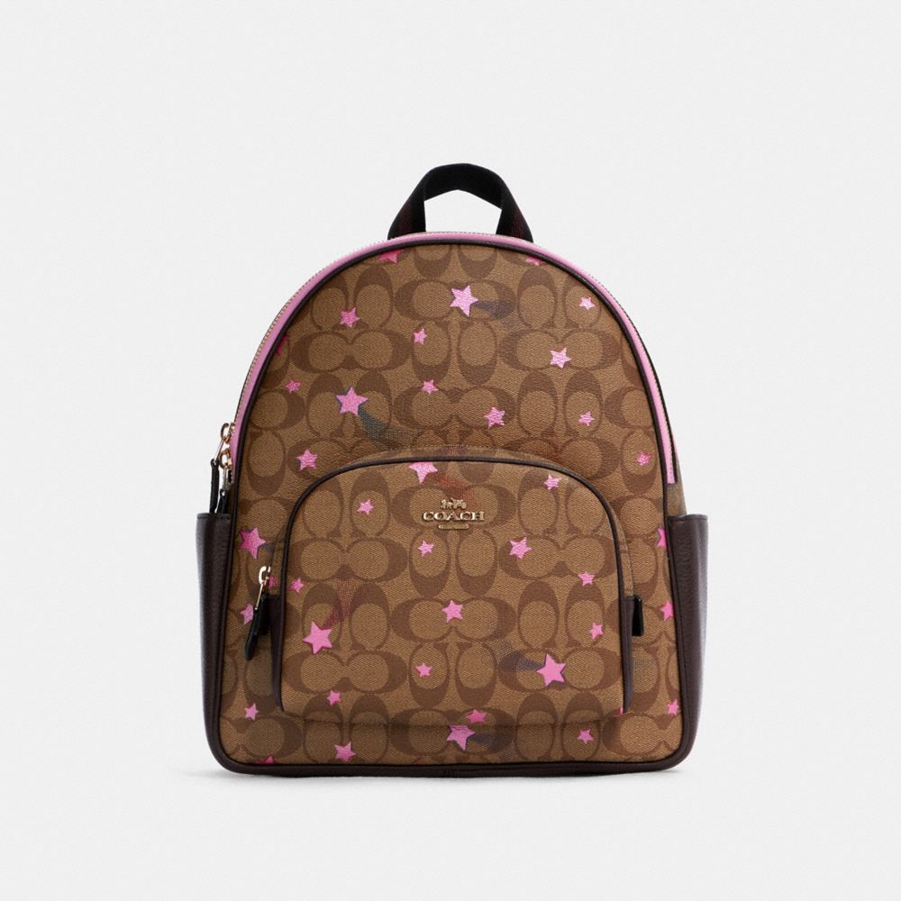 COACH C7242 Court Backpack In Signature Canvas With Disco Star Print GOLD/KHAKI MULTI