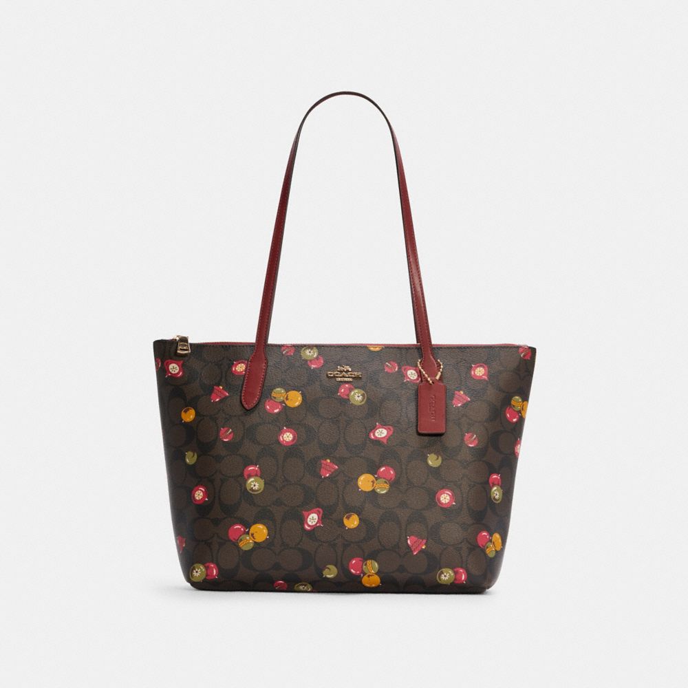 Zip Top Tote In Signature Canvas With Ornament Print - C7254 - GOLD/BROWN BLACK MULTI