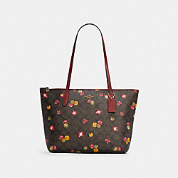 Zip Top Tote In Signature Canvas With Ornament Print - C7254 - GOLD/BROWN BLACK MULTI