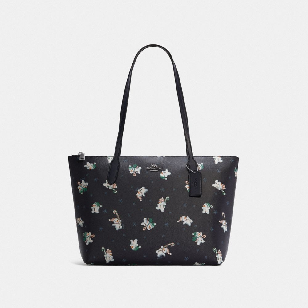 Zip Top Tote With Snowman Print - C7255 - SILVER/MIDNIGHT MULTI