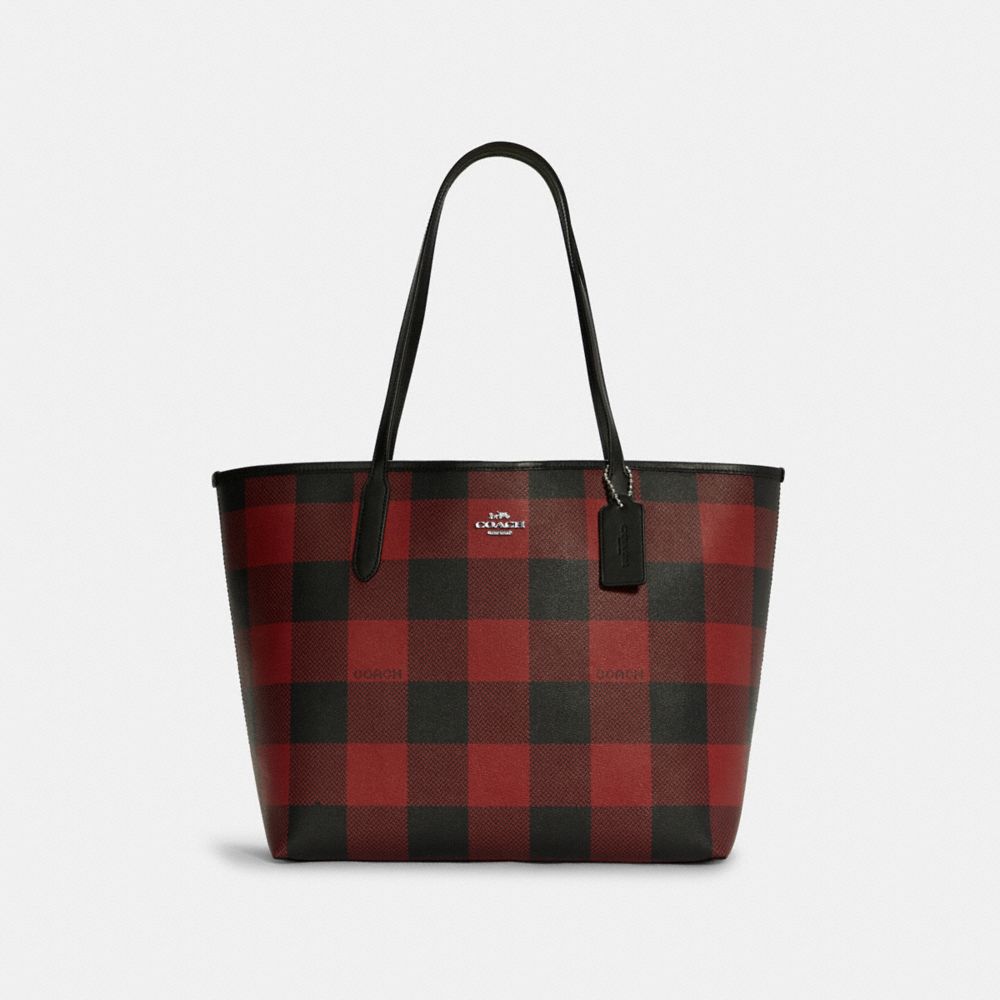 City Tote With Buffalo Plaid Print - SILVER/BLACK/1941 RED MULTI - COACH C7271