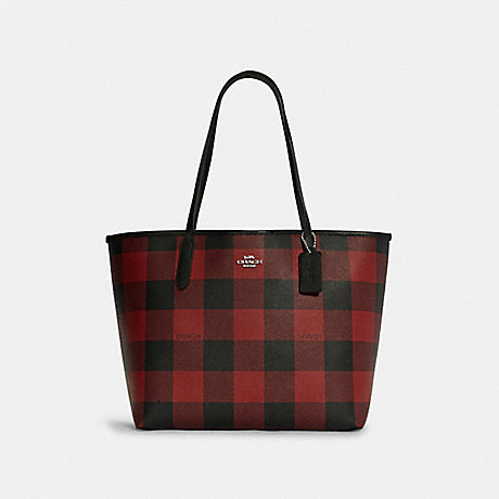 COACH C7271 City Tote With Buffalo Plaid Print SILVER/BLACK/1941-RED-MULTI