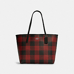 COACH C7271 City Tote With Buffalo Plaid Print SILVER/BLACK/1941 RED MULTI