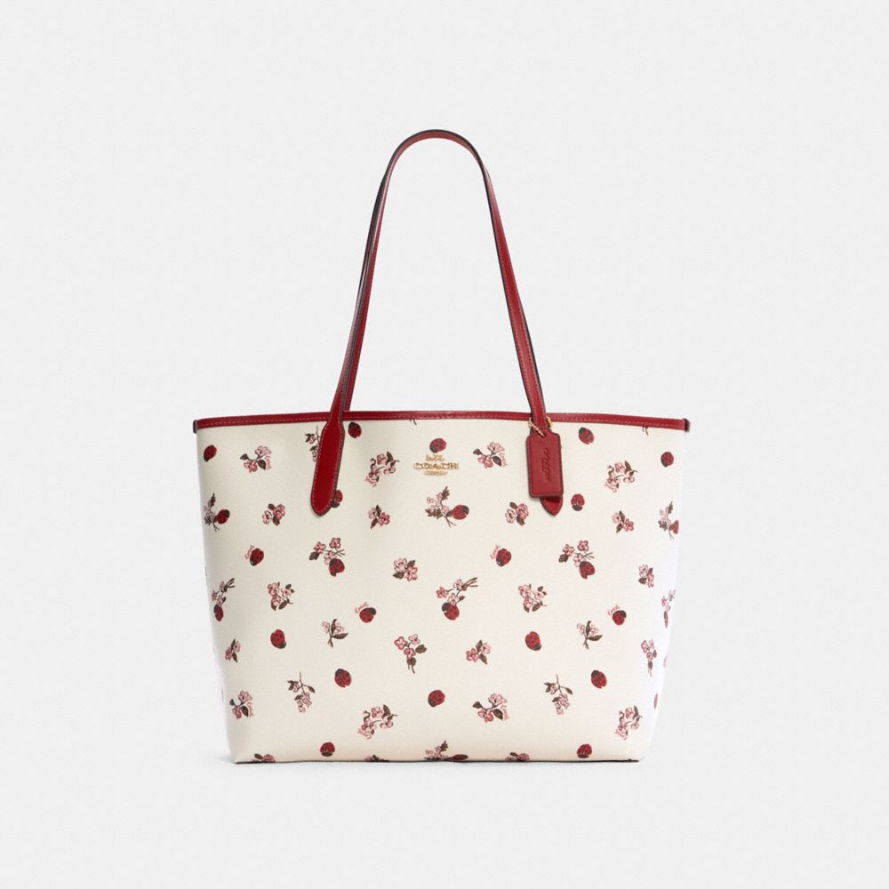 City Tote With Ladybug Floral Print - C7272 - GOLD/CHALK MULTI