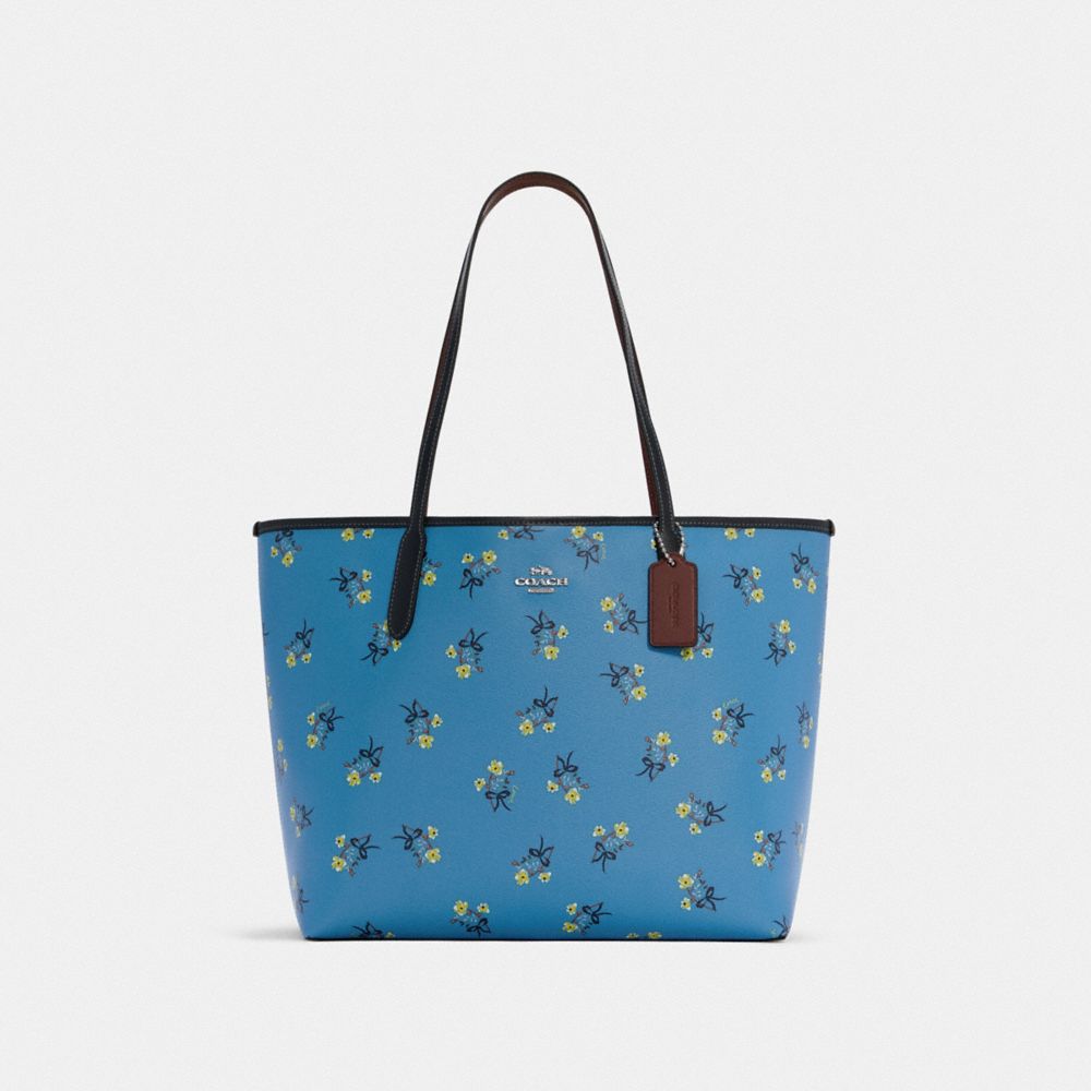 COACH City Tote With Floral Bow Print - SILVER/BLUE MULTI - C7273
