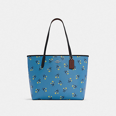 COACH City Tote With Floral Bow Print - SILVER/BLUE MULTI - C7273