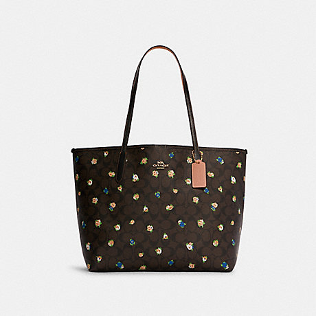COACH City Tote In Signature Canvas With Vintage Mini Rose Print - GOLD/BROWN BLACK MULTI - C7274